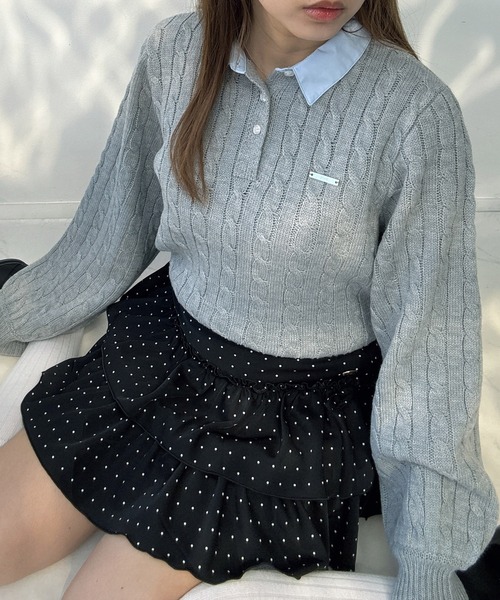 AS KNOW AS plus（アズノゥアズプラス）の「○ブランドロゴプレート付き ケーブルポロニットプルオーバー（ポロシャツ・レディース・ネイビー系/グレー系/ブラウン系・FREE）」の9枚目の写真