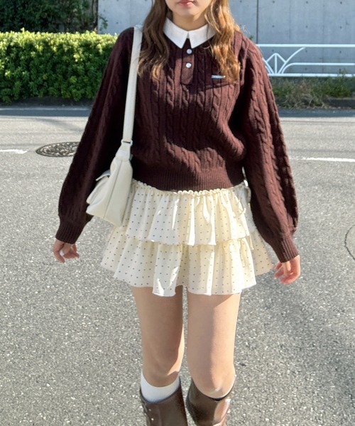 AS KNOW AS plus（アズノゥアズプラス）の「○ブランドロゴプレート付き ケーブルポロニットプルオーバー（ポロシャツ・レディース・ネイビー系/グレー系/ブラウン系・FREE）」の14枚目の写真