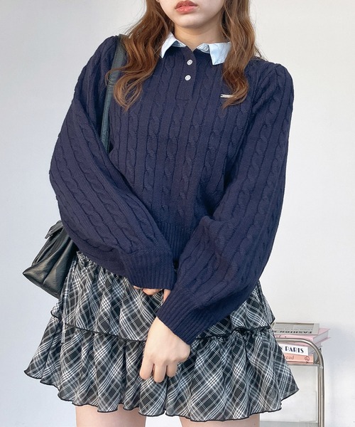 AS KNOW AS plus（アズノゥアズプラス）の「○ブランドロゴプレート付き ケーブルポロニットプルオーバー（ポロシャツ・レディース・ネイビー系/グレー系/ブラウン系・FREE）」の20枚目の写真