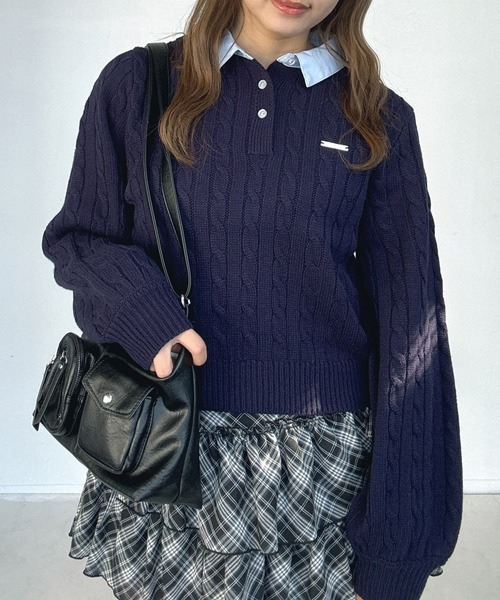 AS KNOW AS plus（アズノゥアズプラス）の「○ブランドロゴプレート付き ケーブルポロニットプルオーバー（ポロシャツ・レディース・ネイビー系/グレー系/ブラウン系・FREE）」の18枚目の写真