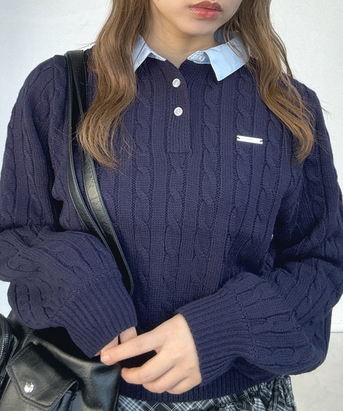 AS KNOW AS plus（アズノゥアズプラス）の「○ブランドロゴプレート付き ケーブルポロニットプルオーバー（ポロシャツ・レディース・ネイビー系/グレー系/ブラウン系・FREE）」の19枚目の写真