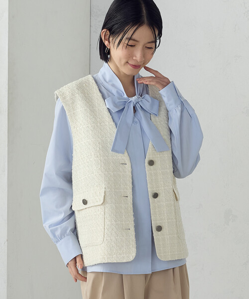 COMME CA ISM（コムサイズム）の「【宮城舞さん着用】ファンシーツイード ジレ（ベスト・レディース・ネイビー/アイボリー・FREE）」の2枚目の写真