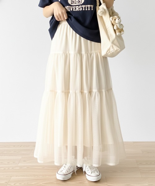 classicalelf(クラシカルエルフ)の「【キッズ】 親子お揃い リンクコーデできちゃう!チュールティアードスカート(スカート・キッズ・アイボリー/ブラック・140/120/100/160)」の3枚目の写真