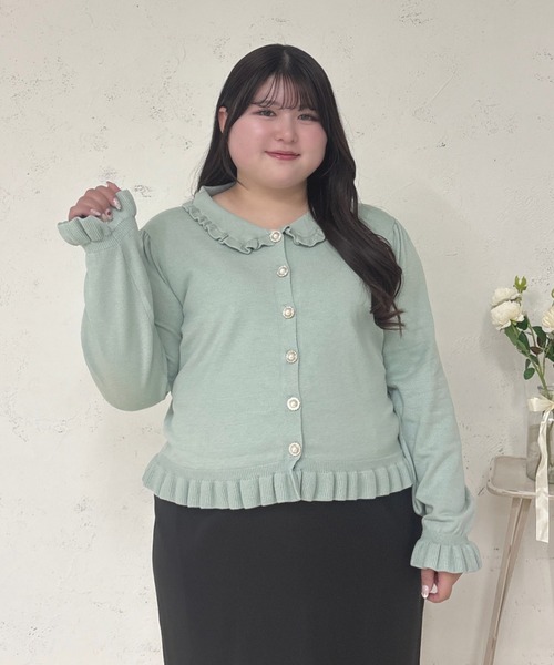 Louiosy(ルオシー)の「【Louiosy】【大きいサイズ】ビジューボタンフリルニットカーディガン(カーディガン/ボレロ・レディース・ダークブラウン/ミント・4L/3L/X-LARGE)」の1枚目の写真
