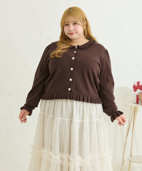 Louiosy(ルオシー)の「【Louiosy】【大きいサイズ】ビジューボタンフリルニットカーディガン(カーディガン/ボレロ・レディース・ダークブラウン/ミント・4L/3L/X-LARGE)」の3枚目の写真