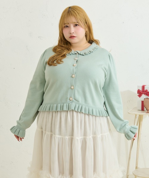 Louiosy(ルオシー)の「【Louiosy】【大きいサイズ】ビジューボタンフリルニットカーディガン(カーディガン/ボレロ・レディース・ダークブラウン/ミント・4L/3L/X-LARGE)」の11枚目の写真