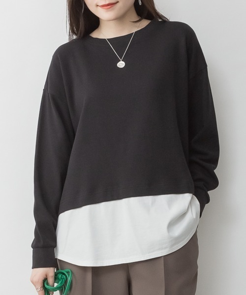 RCD（アールシーディー）の「ワッフル裾切り替え長袖Tシャツ（Tシャツ/カットソー・レディース・チャコールグレー/ブラック/カーキ/ブラウン/パープル・M-L/4L～5L/LL～3L）」の2枚目の写真