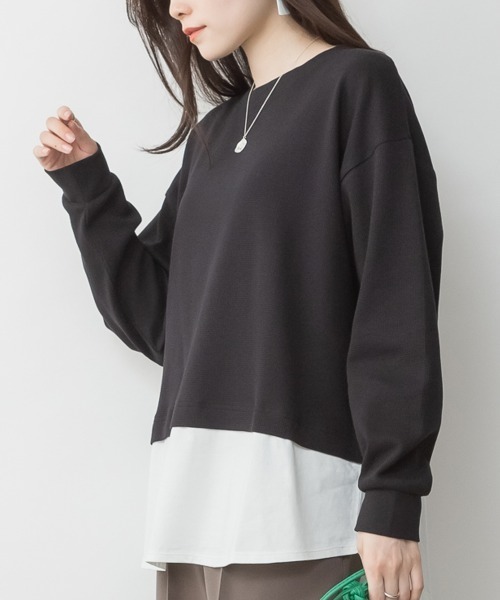 RCD（アールシーディー）の「ワッフル裾切り替え長袖Tシャツ（Tシャツ/カットソー・レディース・チャコールグレー/ブラック/カーキ/ブラウン/パープル・M-L/4L～5L/LL～3L）」の6枚目の写真