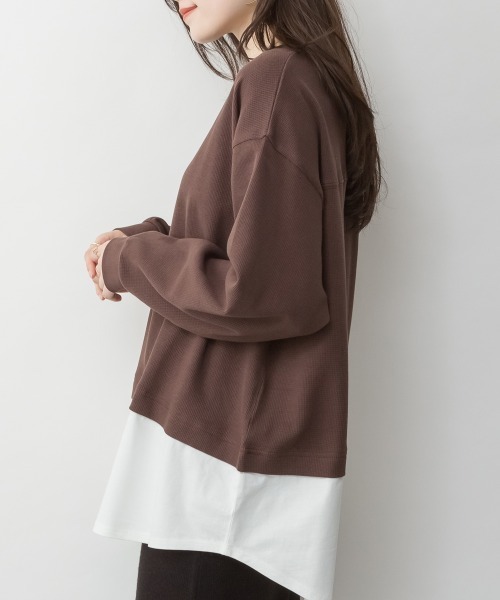RCD（アールシーディー）の「ワッフル裾切り替え長袖Tシャツ（Tシャツ/カットソー・レディース・チャコールグレー/ブラック/カーキ/ブラウン/パープル・M-L/4L～5L/LL～3L）」の10枚目の写真