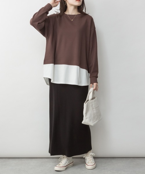 RCD（アールシーディー）の「ワッフル裾切り替え長袖Tシャツ（Tシャツ/カットソー・レディース・チャコールグレー/ブラック/カーキ/ブラウン/パープル・M-L/4L～5L/LL～3L）」の17枚目の写真