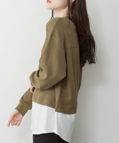 RCD（アールシーディー）の「ワッフル裾切り替え長袖Tシャツ（Tシャツ/カットソー・レディース・チャコールグレー/ブラック/カーキ/ブラウン/パープル・M-L/4L～5L/LL～3L）」の12枚目の写真
