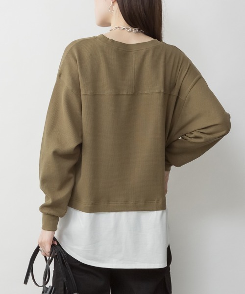 RCD（アールシーディー）の「ワッフル裾切り替え長袖Tシャツ（Tシャツ/カットソー・レディース・チャコールグレー/ブラック/カーキ/ブラウン/パープル・M-L/4L～5L/LL～3L）」の13枚目の写真