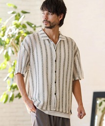 mhs2515- Mix Small Stripe Openwork Knit Short Sleeve Shirts ショートスリーブシャツ(PF-261-016)