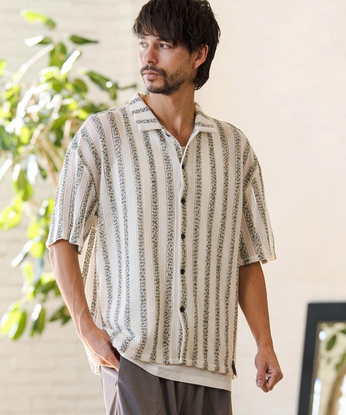 CAMBIO（カンビオ）の「mhs2515- Mix Small Stripe Openwork Knit Short Sleeve Shirts ショートスリーブシャツ(PF-261-016)（シャツ/ブラウス・メンズ・ナチュラル/モカ・M/L）」の2枚目の写真