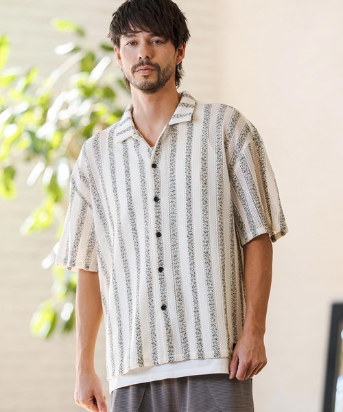 CAMBIO（カンビオ）の「mhs2515- Mix Small Stripe Openwork Knit Short Sleeve Shirts ショートスリーブシャツ(PF-261-016)（シャツ/ブラウス・メンズ・ナチュラル/モカ・M/L）」の3枚目の写真