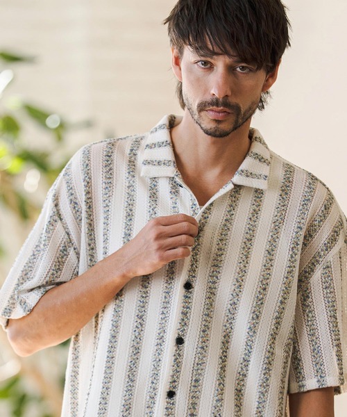 CAMBIO（カンビオ）の「mhs2515- Mix Small Stripe Openwork Knit Short Sleeve Shirts ショートスリーブシャツ(PF-261-016)（シャツ/ブラウス・メンズ・ナチュラル/モカ・M/L）」の4枚目の写真