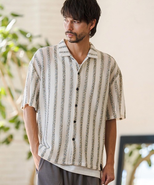 CAMBIO（カンビオ）の「mhs2515- Mix Small Stripe Openwork Knit Short Sleeve Shirts ショートスリーブシャツ(PF-261-016)（シャツ/ブラウス・メンズ・ナチュラル/モカ・M/L）」の5枚目の写真