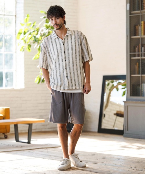 CAMBIO（カンビオ）の「mhs2515- Mix Small Stripe Openwork Knit Short Sleeve Shirts ショートスリーブシャツ(PF-261-016)（シャツ/ブラウス・メンズ・ナチュラル/モカ・M/L）」の6枚目の写真