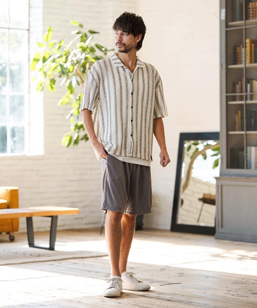 CAMBIO（カンビオ）の「mhs2515- Mix Small Stripe Openwork Knit Short Sleeve Shirts ショートスリーブシャツ(PF-261-016)（シャツ/ブラウス・メンズ・ナチュラル/モカ・M/L）」の7枚目の写真