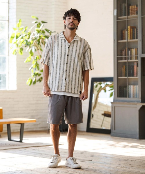CAMBIO（カンビオ）の「mhs2515- Mix Small Stripe Openwork Knit Short Sleeve Shirts ショートスリーブシャツ(PF-261-016)（シャツ/ブラウス・メンズ・ナチュラル/モカ・M/L）」の8枚目の写真