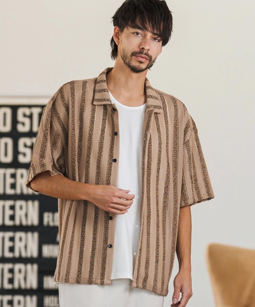 CAMBIO（カンビオ）の「mhs2515- Mix Small Stripe Openwork Knit Short Sleeve Shirts ショートスリーブシャツ(PF-261-016)（シャツ/ブラウス・メンズ・ナチュラル/モカ・M/L）」の9枚目の写真