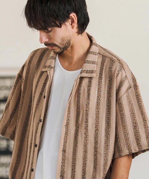 CAMBIO（カンビオ）の「mhs2515- Mix Small Stripe Openwork Knit Short Sleeve Shirts ショートスリーブシャツ(PF-261-016)（シャツ/ブラウス・メンズ・ナチュラル/モカ・M/L）」の10枚目の写真