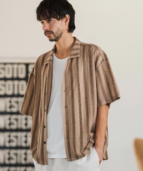 CAMBIO（カンビオ）の「mhs2515- Mix Small Stripe Openwork Knit Short Sleeve Shirts ショートスリーブシャツ(PF-261-016)（シャツ/ブラウス・メンズ・ナチュラル/モカ・M/L）」の11枚目の写真