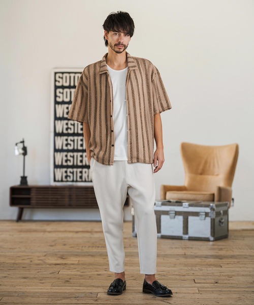 CAMBIO（カンビオ）の「mhs2515- Mix Small Stripe Openwork Knit Short Sleeve Shirts ショートスリーブシャツ(PF-261-016)（シャツ/ブラウス・メンズ・ナチュラル/モカ・M/L）」の12枚目の写真