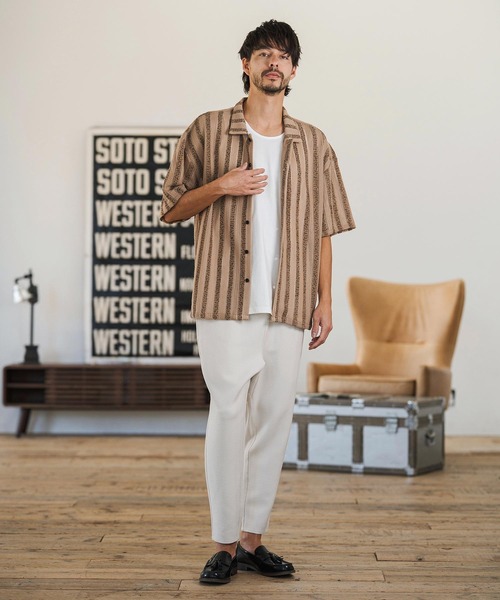 CAMBIO（カンビオ）の「mhs2515- Mix Small Stripe Openwork Knit Short Sleeve Shirts ショートスリーブシャツ(PF-261-016)（シャツ/ブラウス・メンズ・ナチュラル/モカ・M/L）」の13枚目の写真