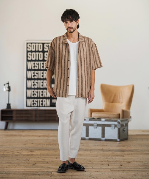 CAMBIO（カンビオ）の「mhs2515- Mix Small Stripe Openwork Knit Short Sleeve Shirts ショートスリーブシャツ(PF-261-016)（シャツ/ブラウス・メンズ・ナチュラル/モカ・M/L）」の14枚目の写真