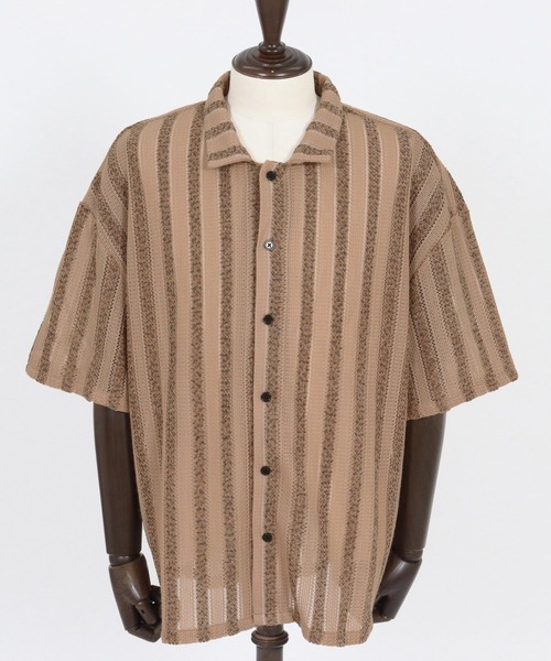 CAMBIO（カンビオ）の「mhs2515- Mix Small Stripe Openwork Knit Short Sleeve Shirts ショートスリーブシャツ(PF-261-016)（シャツ/ブラウス・メンズ・ナチュラル/モカ・M/L）」の15枚目の写真
