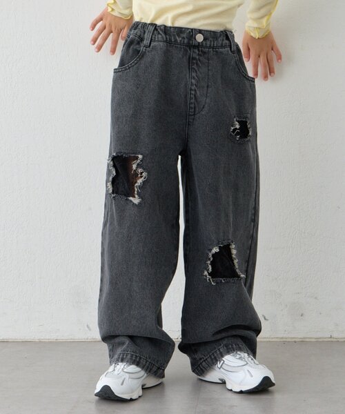 CIAOPANIC TYPY（チャオパニックティピー）の「【KIDS】《ジュニアサイズあり》レースパッチワークデニム(ウエスト調整可能)（デニムパンツ・キッズ・サックスブルー/ブラック・XX-LARGE/SMALL/LARGE/MEDIUM/X-LARGE）」の3枚目の写真
