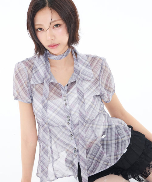 ILLIGO（イリゴ）の「フレアパフブラウスチェックベージュ（シャツ/ブラウス・レディース・その他・OS）」の3枚目の写真