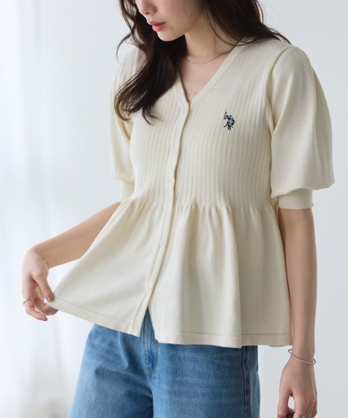 Pierrot(ピエロ)の「U.S. POLO ASSN. パフスリーブペプラムカーディガン(カーディガン/ボレロ・レディース・ネイビー/ブルー系その他/アイボリー系・M/L)」の1枚目の写真