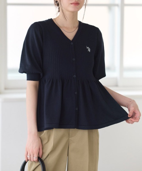 Pierrot(ピエロ)の「U.S. POLO ASSN. パフスリーブペプラムカーディガン(カーディガン/ボレロ・レディース・ネイビー/ブルー系その他/アイボリー系・M/L)」の2枚目の写真