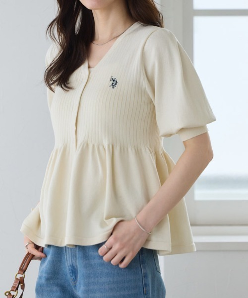 Pierrot(ピエロ)の「U.S. POLO ASSN. パフスリーブペプラムカーディガン(カーディガン/ボレロ・レディース・ネイビー/ブルー系その他/アイボリー系・M/L)」の5枚目の写真