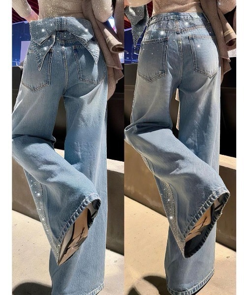 FAVORITO(ファヴォリート)の「取り外し可能リボンタイラインストーンデニムワイドパンツ(デニムパンツ・レディース・ブルー・XL/L/M)」の2枚目の写真