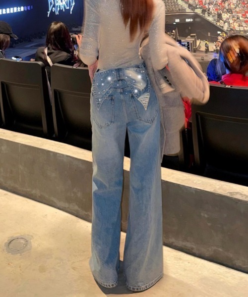 FAVORITO(ファヴォリート)の「取り外し可能リボンタイラインストーンデニムワイドパンツ(デニムパンツ・レディース・ブルー・XL/L/M)」の6枚目の写真