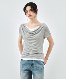 ドレープネックレイヤード半袖TシャツグレーMDTS094GRAY