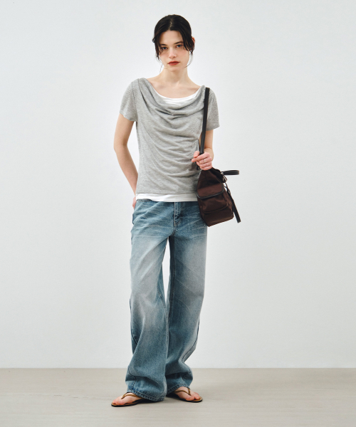 MONGDOL(モンドル)の「ドレープネックレイヤード半袖TシャツグレーMDTS094GRAY(Tシャツ/カットソー・レディース・その他・F)」の5枚目の写真