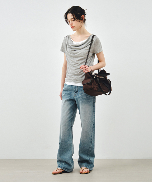 MONGDOL(モンドル)の「ドレープネックレイヤード半袖TシャツグレーMDTS094GRAY(Tシャツ/カットソー・レディース・その他・F)」の6枚目の写真
