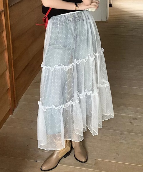 shopnikoniko(ショップニコニコ)の「ドットチュール フリルティアード レイヤードスカート(スカート・レディース・ホワイト・フリー)」の1枚目の写真