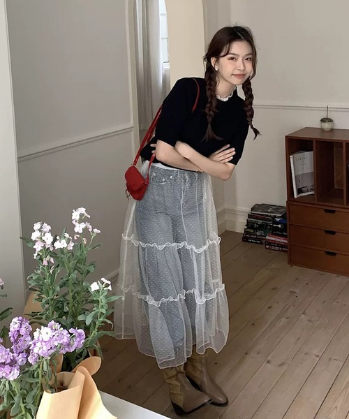 shopnikoniko(ショップニコニコ)の「ドットチュール フリルティアード レイヤードスカート(スカート・レディース・ホワイト・フリー)」の4枚目の写真