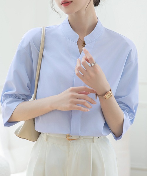 MILAE(ミレ)の「5分袖Vネックブラウス(シャツ/ブラウス・レディース・ホワイト/ライトブルー・M/L)」の9枚目の写真