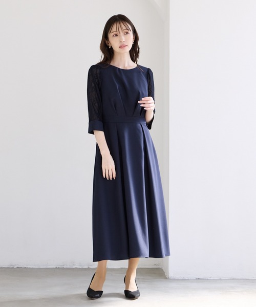 AIMER(エメ)の「レース袖×ウエストタックフィット&フレアワンピース 結婚式 お呼ばれ ドレス 20代 30代 40代(ワンピース・レディース・ピンクベージュ/ベージュ/ネイビー・LARGE/MEDIUM)」の7枚目の写真