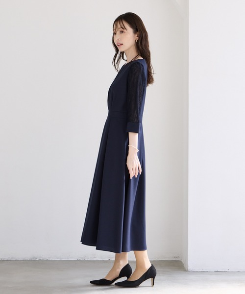 レース袖×ウエストタックフィット&フレアワンピース 結婚式 お呼ばれ レース袖×ウエストタックフィット&フレアワンピース 結婚式 お呼ばれ