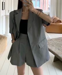 韓国風 フレンチヴィンテージ シングルボタン 半袖ジャケット+ワイドショートパンツ セットアップ