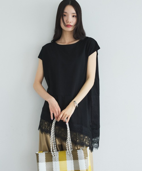 Doux archives(ドゥアルシーヴ)の「【イージーケア/接触冷感】イレヘムレースフレンチTOPS(Tシャツ/カットソー・レディース・モカ/オフホワイト/ブラック・FREE)」の2枚目の写真