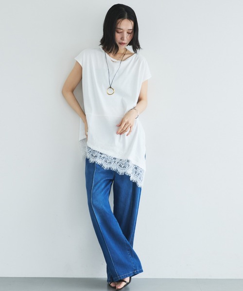 Doux archives(ドゥアルシーヴ)の「【イージーケア/接触冷感】イレヘムレースフレンチTOPS(Tシャツ/カットソー・レディース・モカ/オフホワイト/ブラック・FREE)」の13枚目の写真