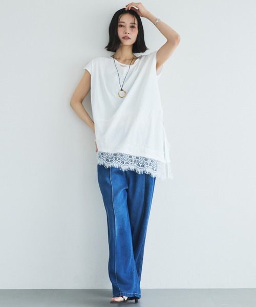 Doux archives(ドゥアルシーヴ)の「【イージーケア/接触冷感】イレヘムレースフレンチTOPS(Tシャツ/カットソー・レディース・モカ/オフホワイト/ブラック・FREE)」の4枚目の写真